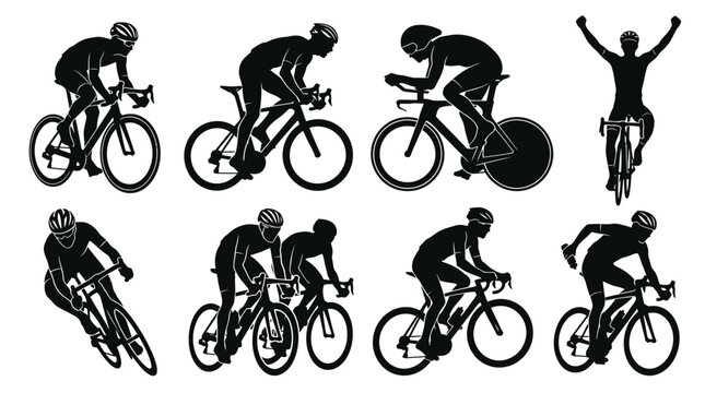 Set of black silhouettes of professional cyclists riding road bikes in different action poses and victory celebration
