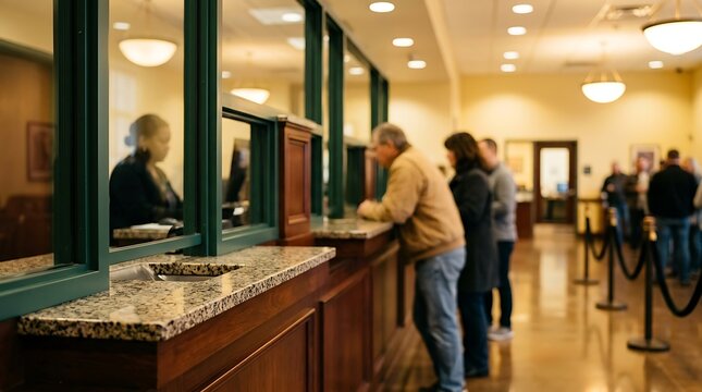 People in line waiting at bank teller counter inside financial institution with green glass partitions and polished floors.