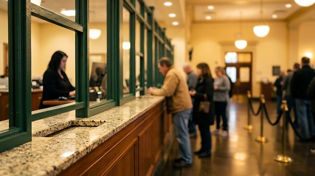 People in line waiting at bank teller counter inside financial institution with green glass partitions and polished floors.