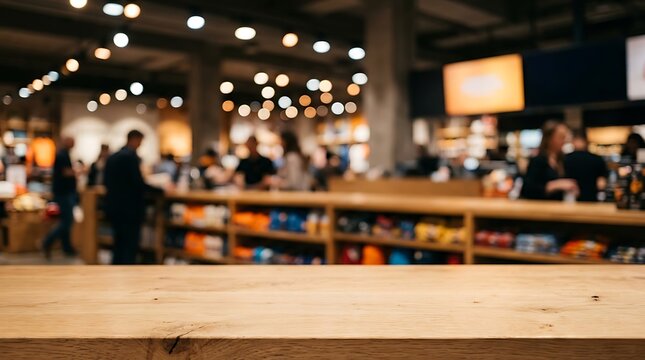 A wooden counter in foreground with blurred retail store interior, people shopping and displays of merchandise in background, soft lighting, commercial ambiance.