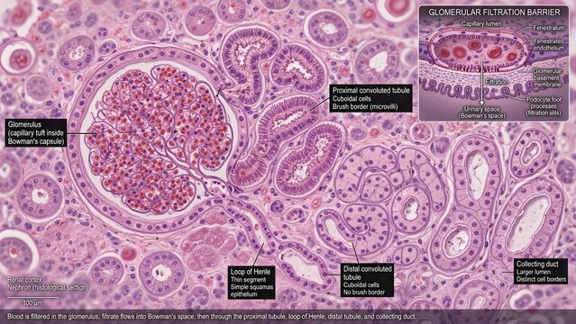 Histological section of a kidney nephron showing the glomerulus inside bowman capsule, proximal and distal convoluted tubules, and loop of henle, with a zoomed inset of the filtration barrier