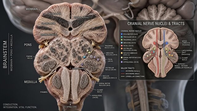 Cross-section of the brainstem displaying the midbrain with cerebral peduncles, the pons with nuclei, and the medulla with pyramids, featuring a zoomed inset of cranial nerve nuclei and tracts