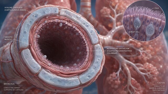 Cross-section of a bronchus displaying hyaline cartilage rings, smooth muscle layers, and ciliated pseudostratified respiratory epithelium, complete with a zoomed inset of cilia and goblet cells