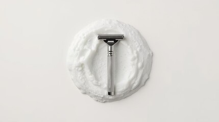 Obraz premium Silver-toned safety razor blade resting on shaving cream in minimalist white studio setting