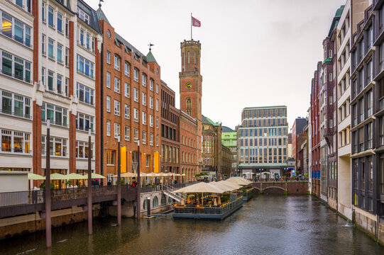 Hamburg, Germany. View of the canal Herrengrabenfleet downtown on a rainy day.