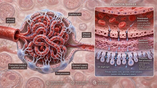 Microscopic structure of a kidney glomerulus featuring visceral epithelial cells and capillary loops, accompanied by a detailed zoomed inset of the fenestrated endothelium and basement membrane