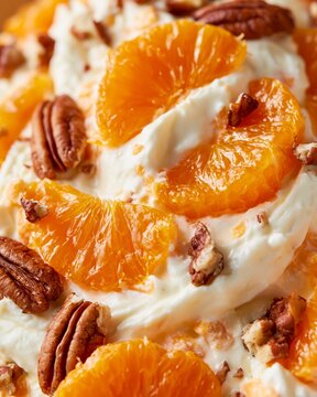 Macro detail shot of mandarin orange segments and pecans arranged on creamy dessert, showcasing vibrant colors and textures in a close-up view