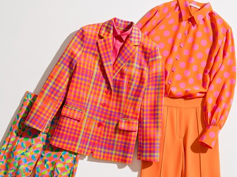 Colorful overhead flat lay of vibrant clothing featuring checked blazer, polka dot blouse, and patterned trousers on a white background