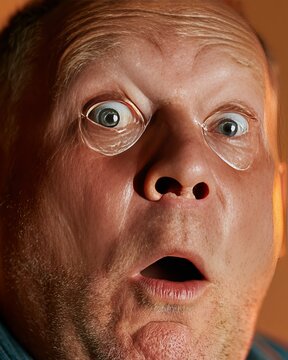 Close-up of a surprised middle-aged man with wide eyes and an open mouth, showcasing exaggerated facial expression against a softly lit background
