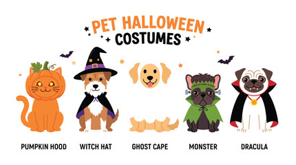 Fototapeta premium Cute cartoon animals wearing funny halloween costumes in bright colorful vector illustration for holiday season graphic