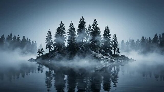 Misty island in calm lake with pine forest at dawn, cinematic atmospheric nature landscape
