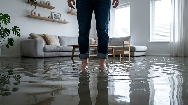 Person standing in flooded house living room after severe storm or broken plumbing pipe causing massive water damage to floor furniture and home interior.
