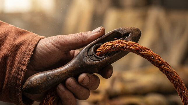 Hand threading braided cable through wooden cable puller