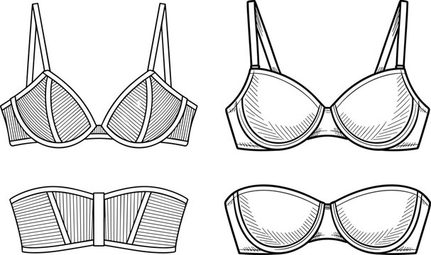 Women underwire bra and strapless bandeau collection depicted in detailed technical vector fashion line art sketches