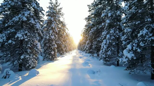 Golden hour sunlight through snow-covered pine forest path in winter wonderland pine trees