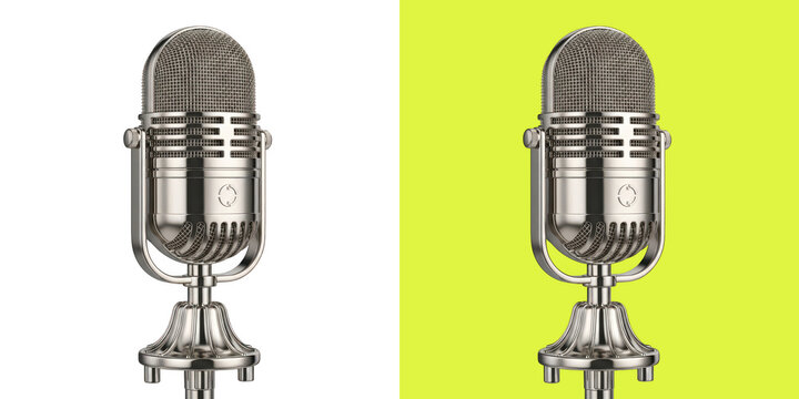 Shiny vintage silver microphone on split background