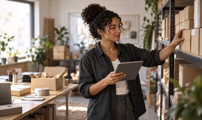Fototapeta premium Woman checking cardboard boxes on shelf with digital tablet in small warehouse. Bright studio with plants and packing table for shipping orders.