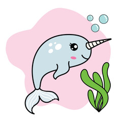 Cute Narwhal Swimming Cartoon Illustration © mascuteestudio