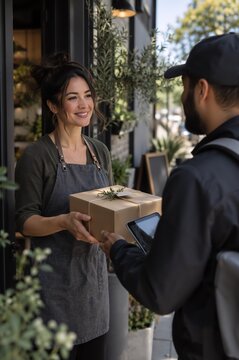 Smiling woman shop owner handing parcel box to courier man with tablet at store entrance. Small business shipping and local delivery service.