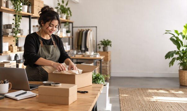 Woman packing goods into cardboard box at small business warehouse. Young entrepreneur in apron wrapping products for shipment at wooden desk.