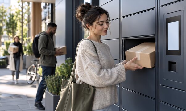 Woman taking cardboard parcel from self-service pickup locker on city street. People receiving online orders near modern parcel lockers outdoors.