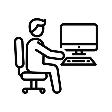 A line art icon of a person sitting in an office chair using a computer