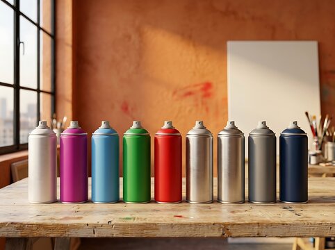 Aerosol spray paint cans aligned in gradient of colors on wooden workshop table in front of orange studio wall with paint brushes and canvas in background.