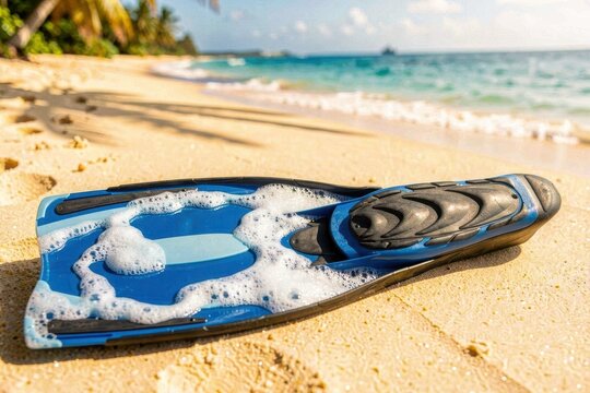 Blue Flippers Resting on Sandy Beach Near Ocean Waves