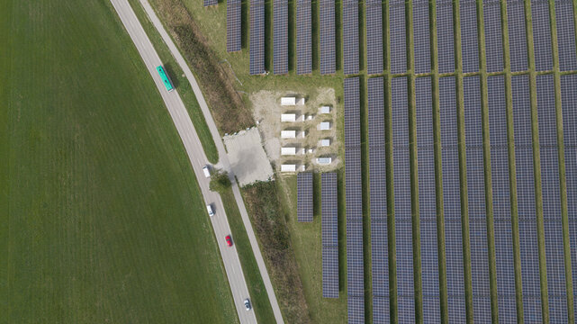 Aerial view of Solar Park, Battery Storage and EV Charging Hub in Egling Germany
