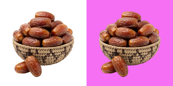 Dried sweet dates in a woven bowl