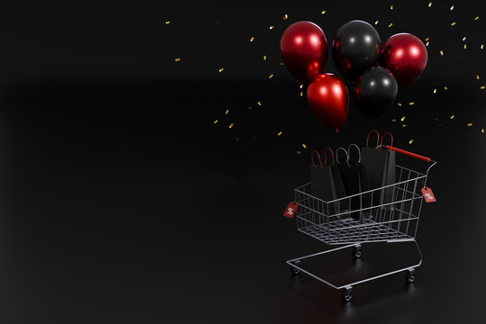 Black Friday Sale 3D Background with Shopping Cart, Bags, Balloons and Copy Space