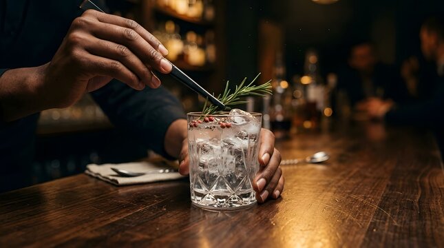 Bartender adding a fresh rosemary garnish to a clear cocktail in a crystal glass at a bar with mixed drink craft cocktail bar counter