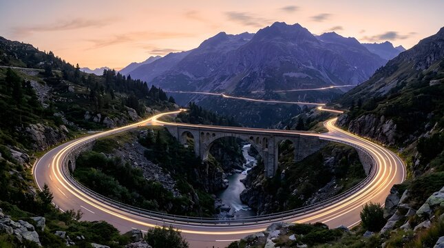 Mountain road winding through the valley with light trails from cars at dusk night drive long exposure mountain pass valley landscape