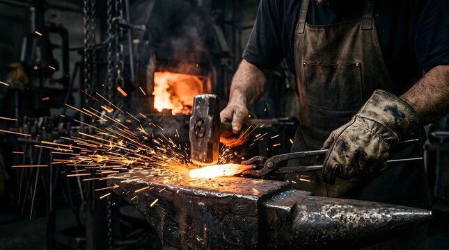 Blacksmith forging hot glowing metal on anvil with flying sparks in workshop manual labor molten steel traditional craft metal smith