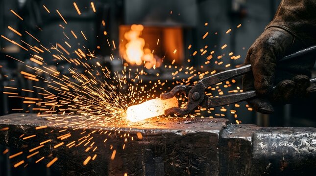 Close up of blacksmith striking glowing metal on anvil creating bright sparks with hot steel molten metal shaping iron metal shop