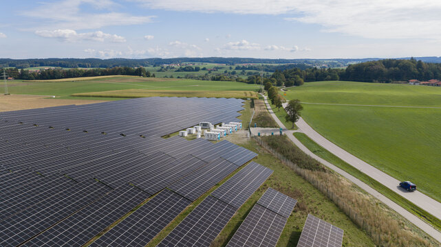 Aerial view of Solar Park, Battery Storage and EV Charging Hub in Egling Germany