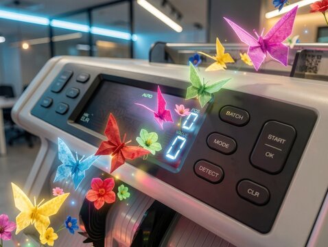 Origami Butterflies and Flowers Floating Around Office Machine