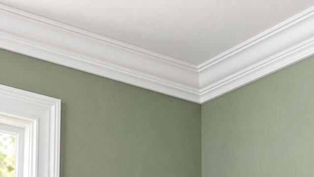 White Crown Molding and Decorative Ceiling Trim Installed on Sage Green Walls, Enhancing Interior Design and Residential Home Renovation