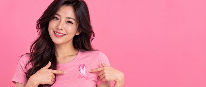 유방암 인식 캠페인을 상징하는 핑크 리본을 가리키며 미소 짓는 한국인 여성, 핑크색 배경과 여백.