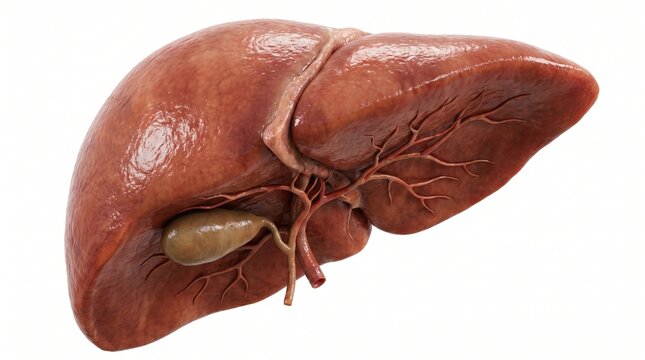 Detailed anatomical visualization of a healthy human liver with gallbladder isolated on a white background