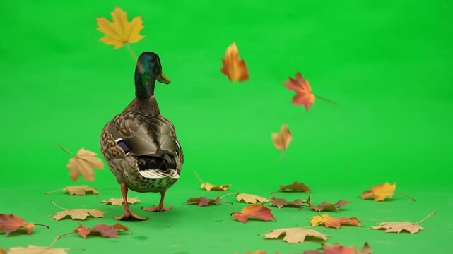 Duck Waddling Through Autumn Leaves on Green Screen