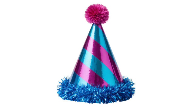 Striped party hat with blue tinsel trim and pink pompom, isolated on transparent background