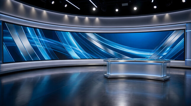 A modern virtual television set design with a sleek glass desk and a large blue digital display background for news