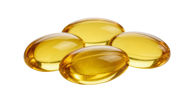 Four translucent golden oval softgel capsules, isolated on transparent background
