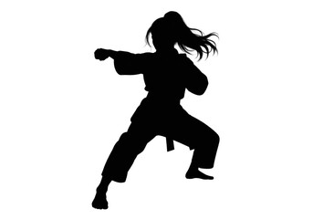 Black female martial artist silhouette performing a powerful punch in a dynamic karate fighting stance. Isolated silhouette suitable for martial arts, karate, self defense, combat sports, fitness. © Jivikasourceoflife