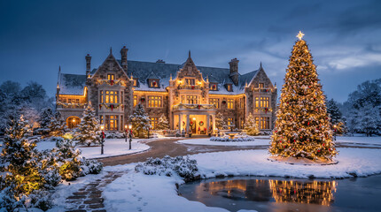Obraz premium Majestic historic manor house decorated with glowing christmas lights and a large tree in a snowy winter landscape