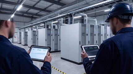 Obraz premium Two technicians inspect rows of servers in a large data center facility