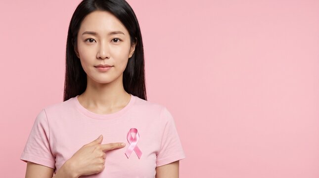유방암 인식 캠페인을 상징하는 핑크리본을 가리키는 젊은 한국인 여성, 카피스페이스가 있는 분홍색 배경