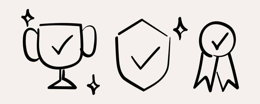 Business success icon set vector doodle hand drawn reward trophy medal shield checkmark