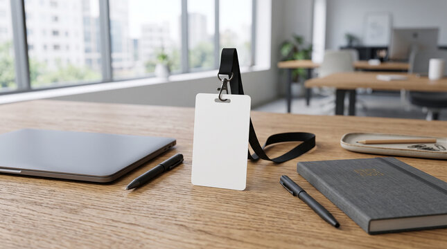 Blank white ID badge with a black lanyard standing upright on a polished wooden desk surrounded by a professional laptop and notebook in bright office setting